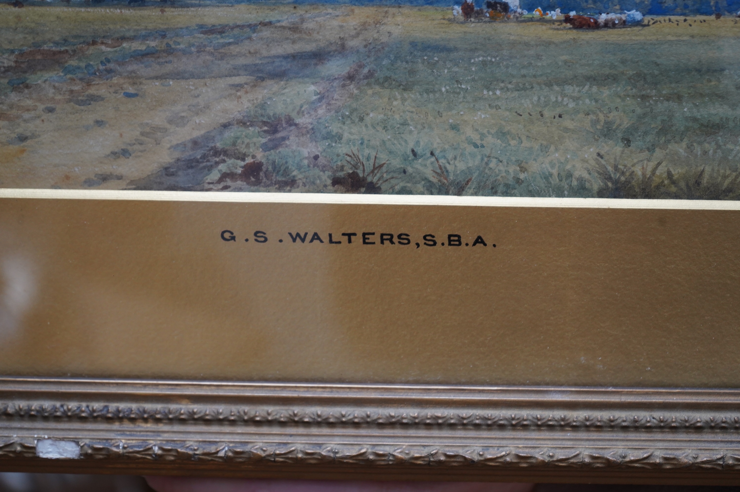 George Stanfield Walters SBA (1838-1924), watercolour, Landscape with cattle grazing, signed and dated 1869, 17 x 22cm. Condition - poor